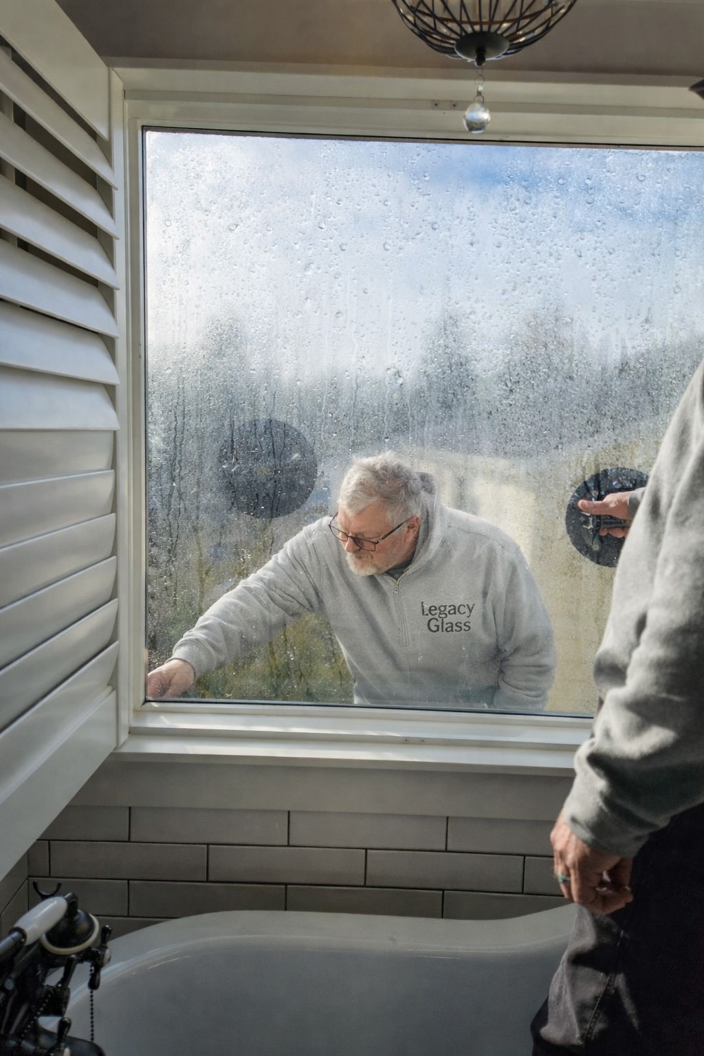 A technician from Legacy Glass cleans a fogged-up window while another person observes, highlighting a home improvement service context.