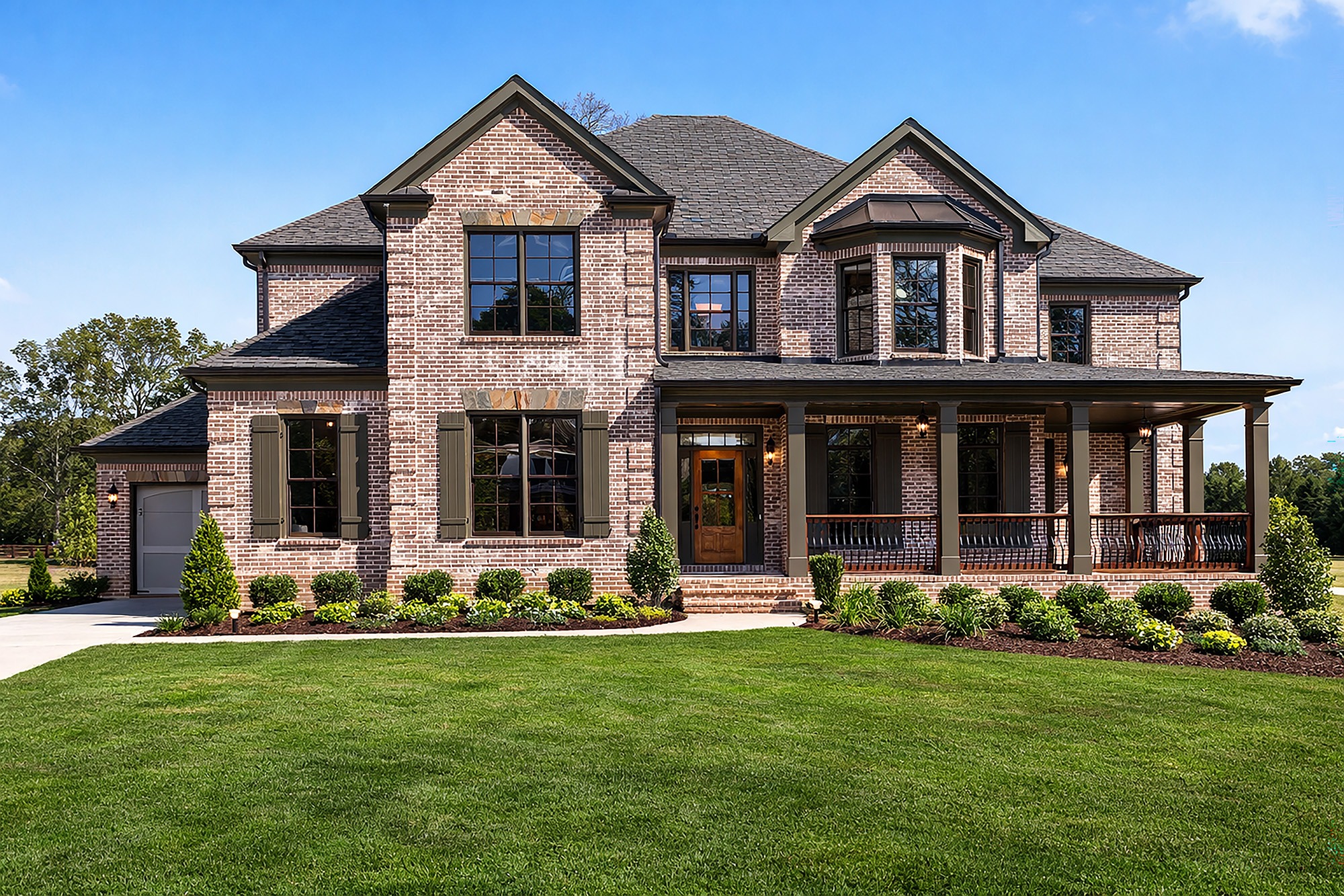 Traditional two-story brick house with a porch, surrounded by a well-maintained green lawn and landscaping, showcasing elegant architectural features.