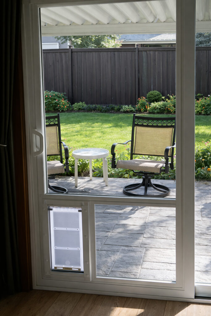 View from inside a home through a sliding glass door, showcasing a tranquil backyard with two chairs and a small table on a stone patio.