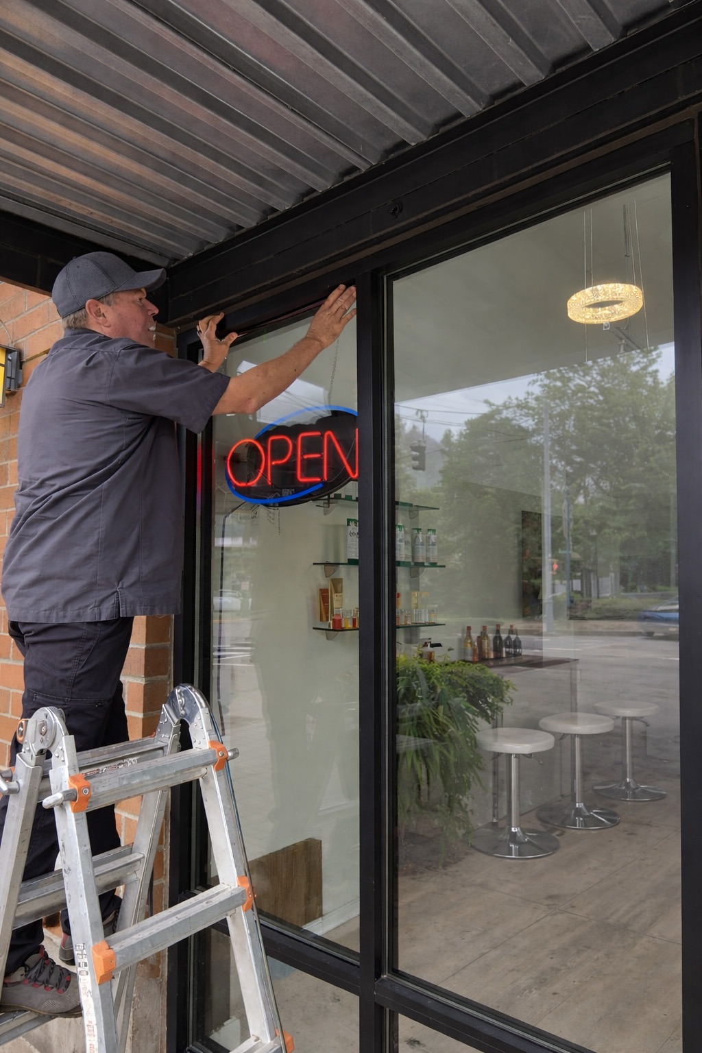 A man adjusts a neon "OPEN" sign on a shop's glass door while standing on a ladder. The scene highlights the store's readiness for customers.