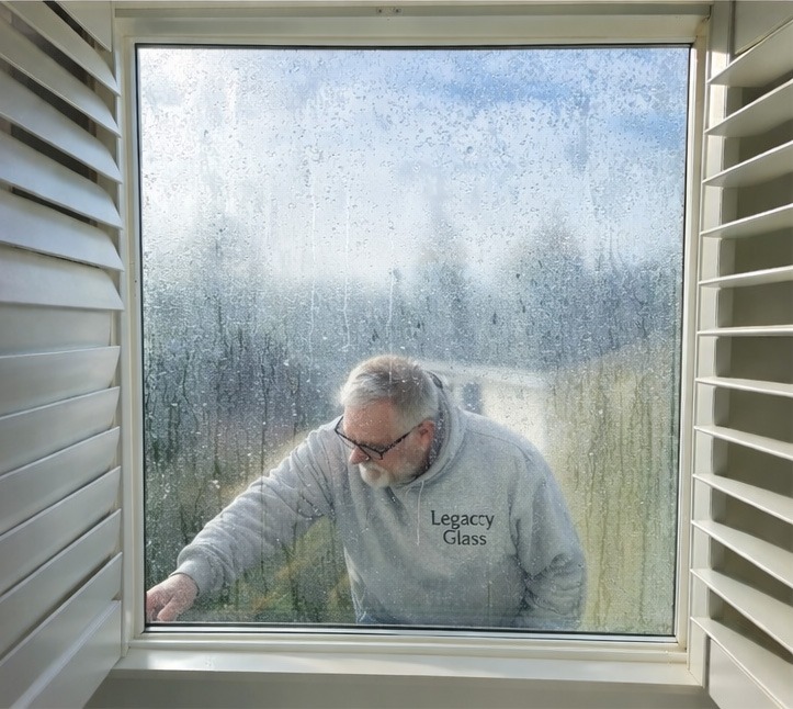 A man in a “Legacy Glass” sweatshirt cleans a foggy window, enhancing visibility outdoors. The image highlights window maintenance and clarity.