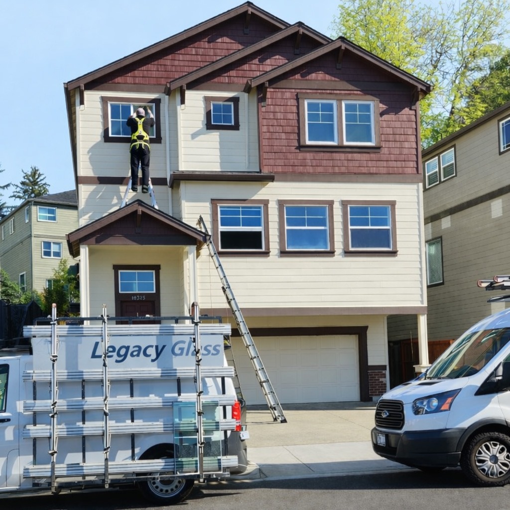 A worker in a harness is cleaning a window on a two-story house, with a ladder at the side and a service van labeled "Legacy Glass" parked nearby.