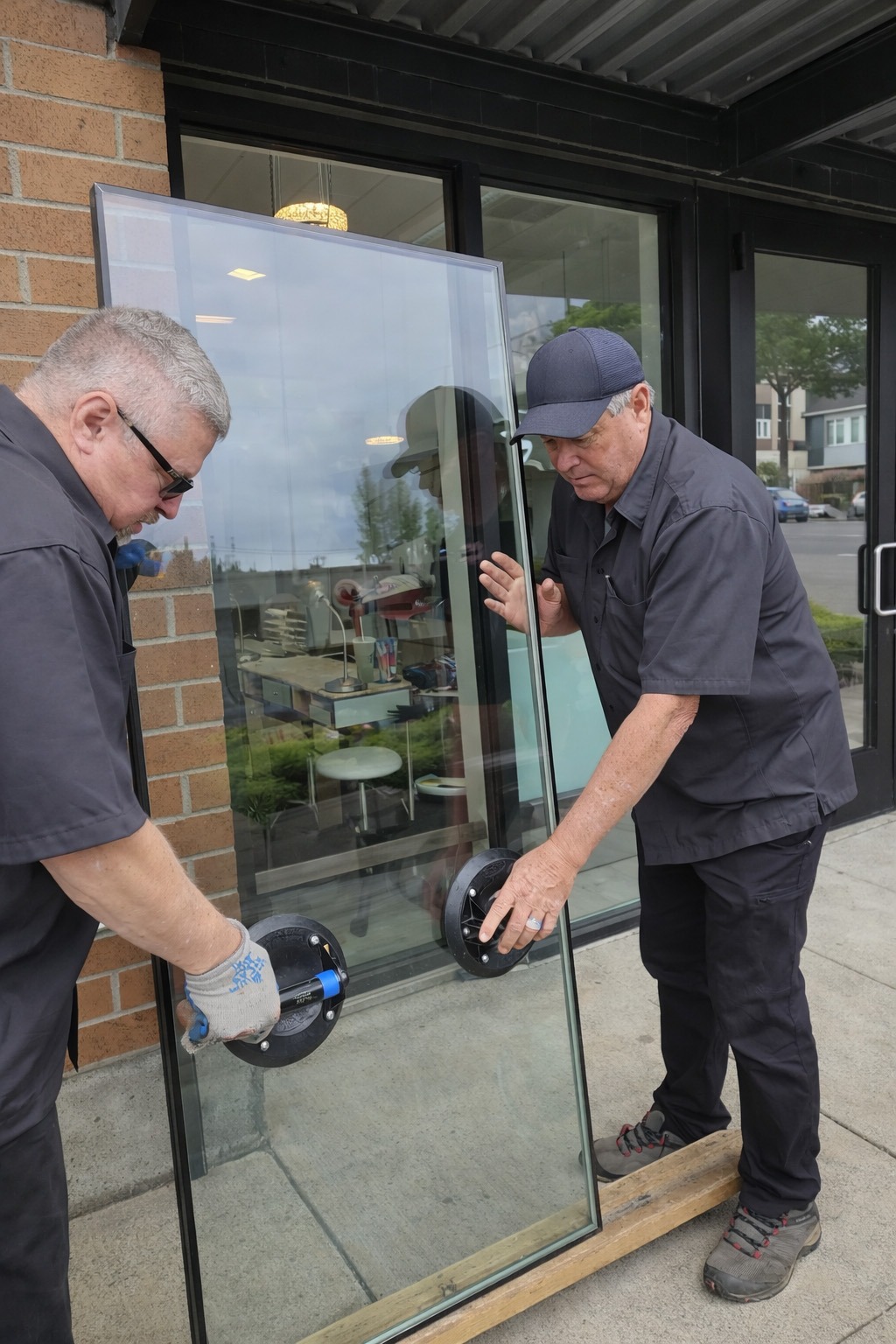 Two workers carefully lift a large glass pane using suction cups, preparing to install it at a storefront entrance.