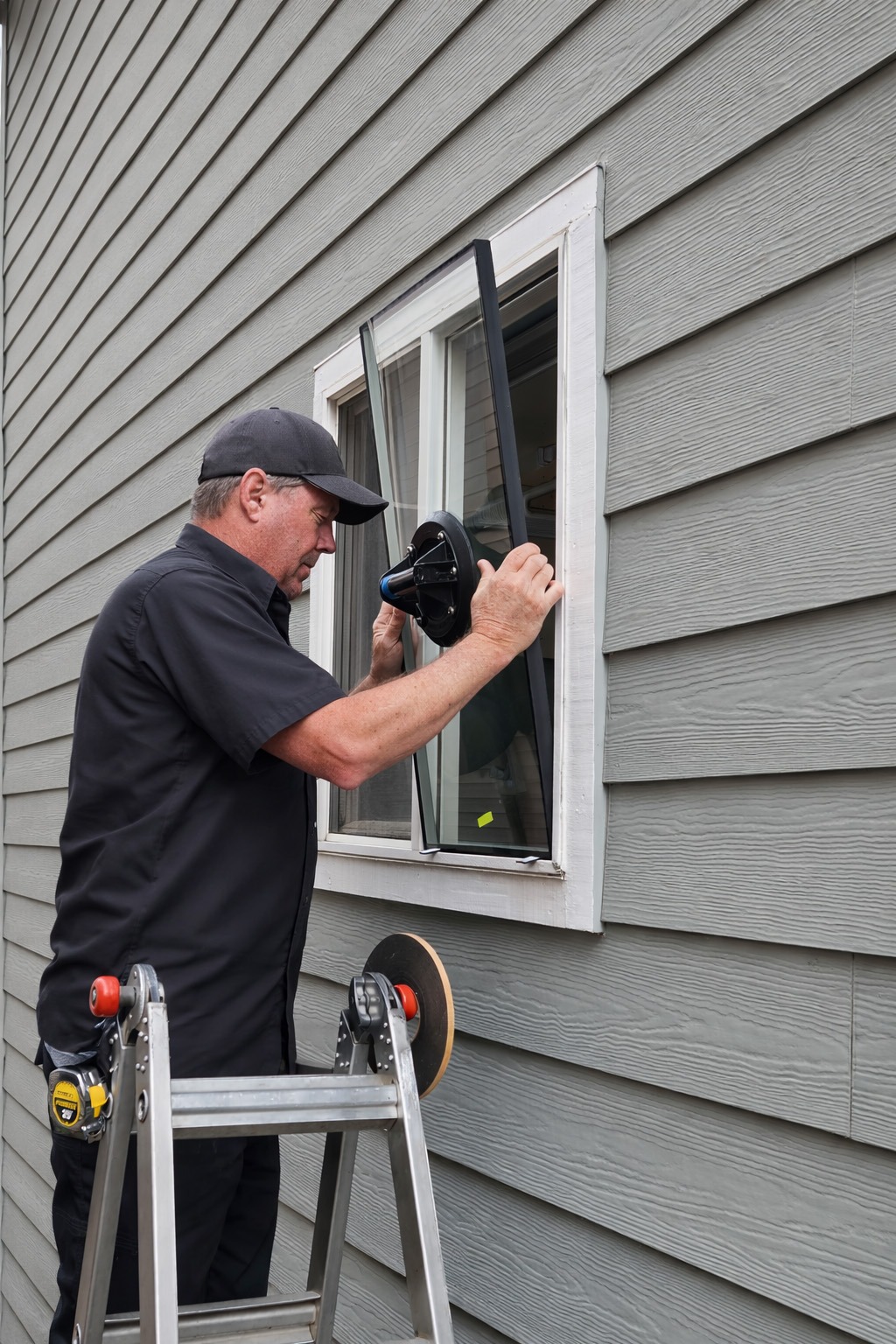A technician uses a suction cup tool to install or adjust a window, working from a ladder next to a gray house exterior.