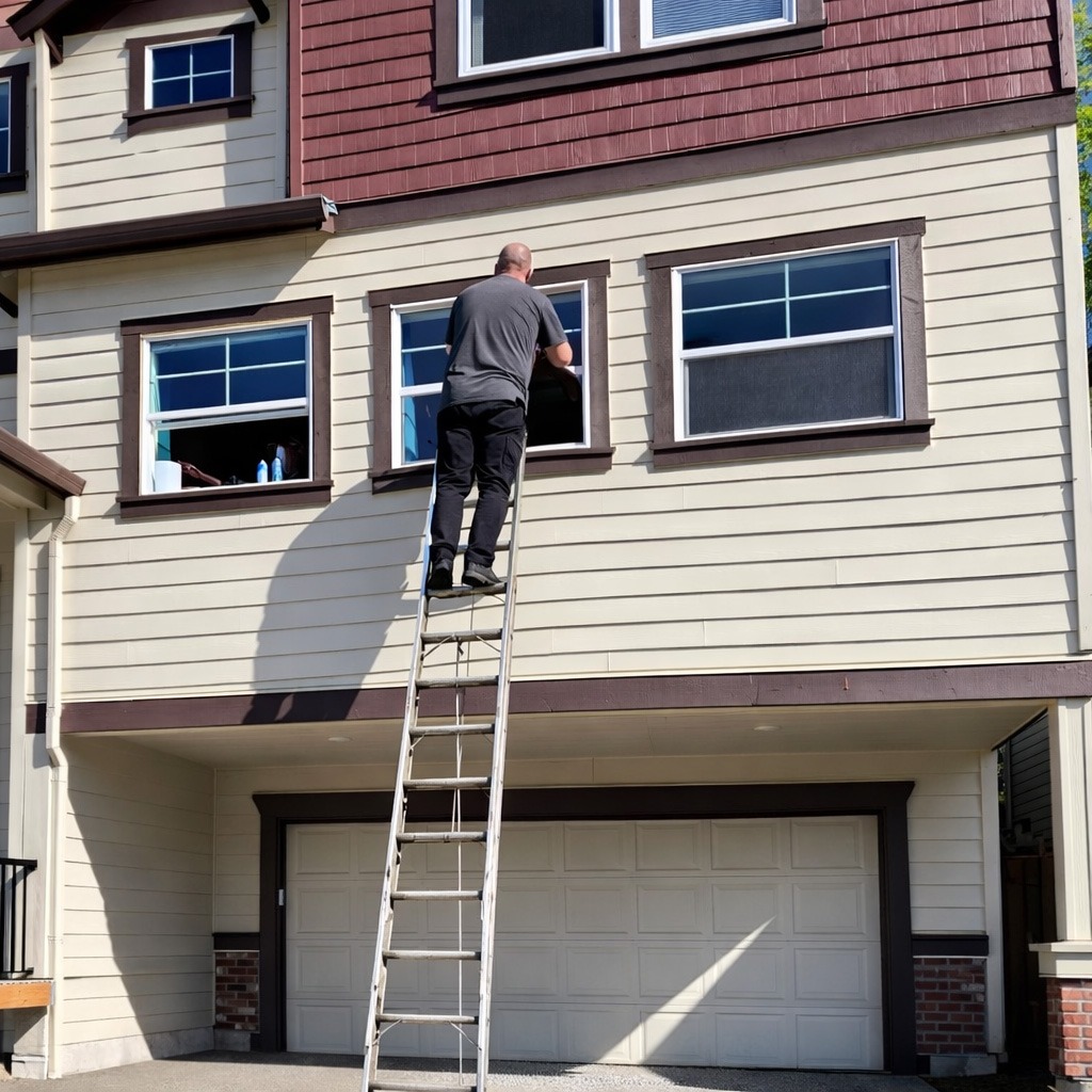 A man on a ladder is cleaning a window on a two-story house. The scene highlights home maintenance activities.