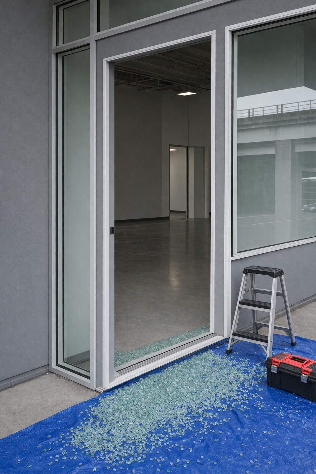 Shattered glass spills from an entryway onto a blue tarp, accompanied by a ladder and toolbox, indicating ongoing repairs in a vacant space.