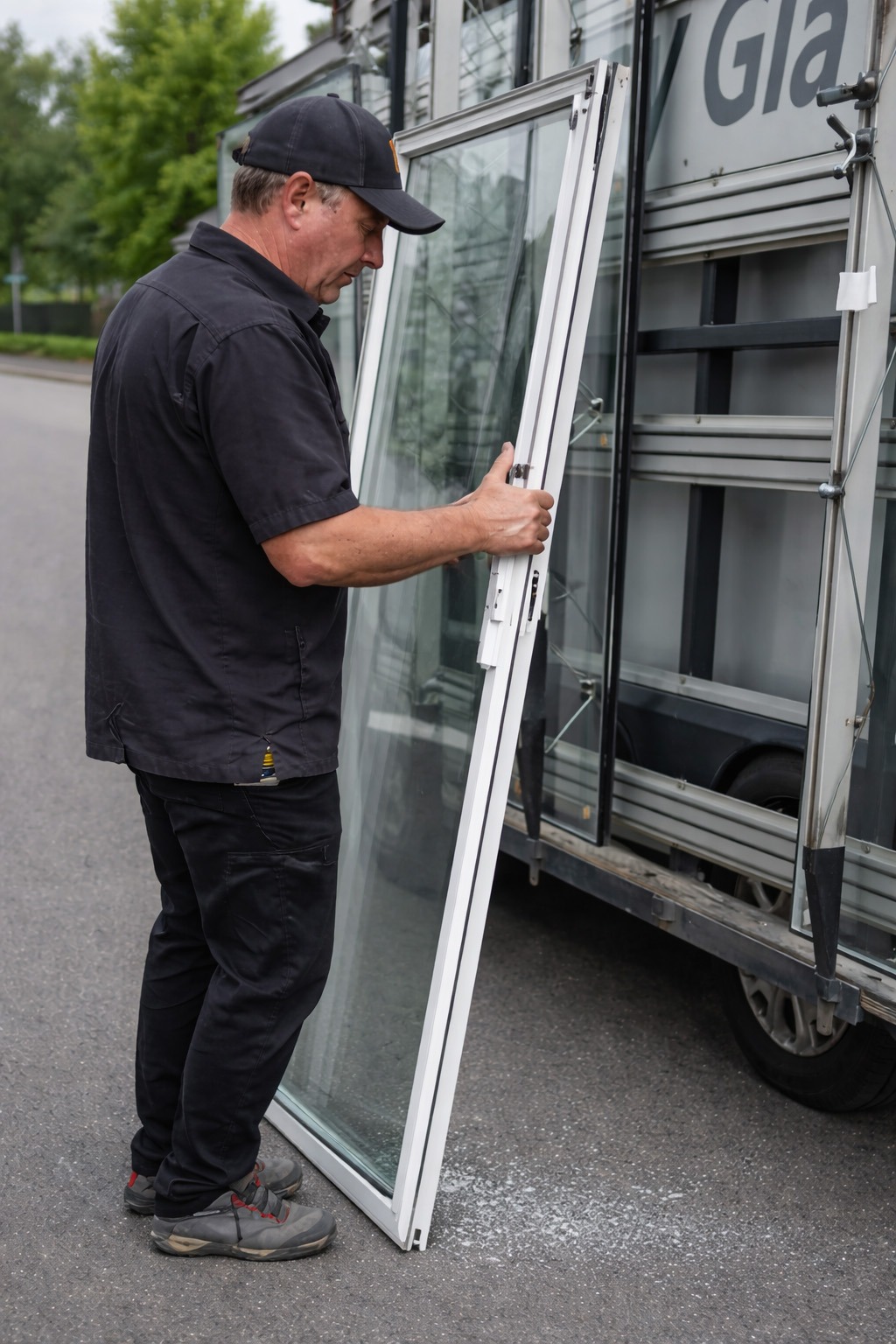 A worker in black attire inspects a glass window panel beside a truck. The image illustrates window installation services.